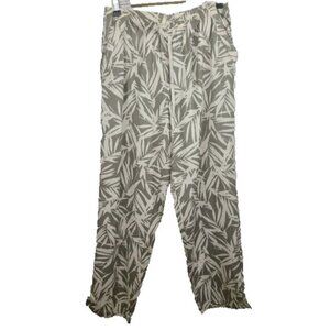 Cathy Womens Linen‎ Blend Pants Large Leaf Print Straight Leg Coastal Casual